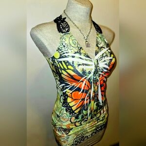 Y2K Butterfly top, sz junior lg, 32in bust 27in length from back neckline